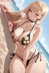 1girls ai_generated bangs beach bikini black_bikini blonde_hair blush breasts choker cleavage cloud collarbone day female female_only hi_res high_quality high_resolution jewelry kiraamane large_breasts long_hair looking_at_viewer lying marin_kitagawa navel nipples ocean on_side outdoors patreon red_eyes sand seductive sexy side-tie_bikini sidelocks sky solo sono_bisque_doll_wa_koi_wo_suru swimsuit uncensored water watermark wet