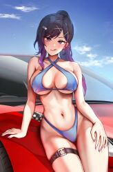 1girls 2022 2d absurd_res anime_style asymmetrical_hair belly bikini black_hair breasts car erina_(ganbaride) female female_only foxy_rain_(foxyreine) foxyrain_(foxyreine) foxyreine hips huge_breasts licking_lips long_hair looking_at_viewer multicolored_hair naughty_face original original_character ponytail purple_eyes purple_highlights sitting_on_car skindentation slim_waist smile solo thick_thighs thigh_strap thighs wide_hips