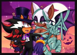 2d 2d_(artwork) anthro anthro_female bat bat_wings big_breasts big_thighs chao_(sonic) dark-skinned_female eonbnnuy eyelashes female_anthro furry furry_female gloves green_eyes halloween_costume halloween_decoration halloween_pumpkin halloween_theme hat hedgehog hedgehog_boy kore_eon lipstick lolipop mobian_(species) moon mummy mummy_bandages mummy_costume mummy_wrappings purple_eyeshadow rouge_the_bat shadow_the_hedgehog sonic_(series) sonic_the_hedgehog_(series) surprised surprised_expression thick_thighs vampire_shadow