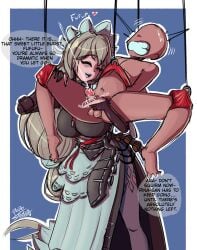 1boy 1girls alexandrina_sebastiane balls big_breasts bondage breasts closed_eyes clothed clothed_breasts clothed_female clothed_female_nude_male cum cum_in_hands cum_on_hand dialog dominant_female draining draining_balls faceless_character faceless_male female femdom handjob long_hair maid maid_apron maid_headdress maid_outfit maid_uniform male malesub mihoyo mihoyo_technology_(shanghai)_co._ltd. milf milk_squirt milking milking_penis papersketch penis smile smiling suspension suspension_bondage toe_scrunch zenless_zone_zero