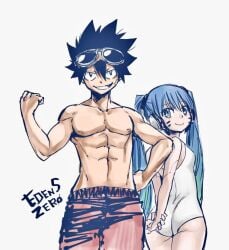 1boy 1girls android android_girl ass black_eyes black_hair blue_eyes blue_hair bodysuit copyright_name edens_zero green_hair hermit_mio hiro_mashima long_hair mashima_hiro muscular_male official_art shiki_granbell short_hair size_difference smile smiling standing swimsuit swimwear twintails two_tone_hair white_bodysuit