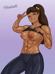 1girls 2022 abs areola areolae ass belly belly_button big_ass big_breasts black_shirt breasts breasts_out brown_hair brown_skin closed_eyes clothed clothes clothes_lift dark-skinned_female dark_skin digital_media_(artwork) doubletime exercise female female_only flexing flexing_arms flexing_bicep highres leggings long_hair looking_at_viewer muscle muscles muscular muscular_arms muscular_female muscular_legs muscular_thighs nipples original original_character pants ponytail self_upload shirt shirt_lift shirt_up smile smiling smiling_at_viewer solo solo_female thick_thighs thighs tied_hair tight_clothing tomboy workout workout_clothes