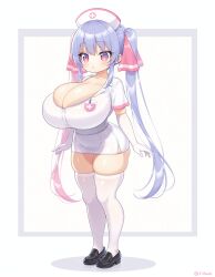 adorable ai_generated big_breasts blue_hair blush cleavage cute huge_breasts nurse nurse_cap nurse_clothing nurse_hat nurse_outfit nurse_uniform pink_eyes riko_(shuz) round_ass shiny_hair shiny_skin shortstack skindentation solo thick_thighs thighhighs tight_clothing yodayo