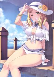 1girls absurd_res arm_behind_back arm_support bead_bracelet beads bikini blonde_hair blue_sky blush bracelet breasts cleavage criss-cross_halter day deck detexted female female_focus floral_print flower front-tie_top green_eyes grin halterneck hat hat_flower highres jewelry layered_bikini layered_swimsuit long_hair looking_at_viewer love_live! love_live!_school_idol_festival love_live!_sunshine!! murota_yuuhei nail_polish navel official_art ohara_mari one_eye_closed outdoors sitting sky smile solo sun_hat swimsuit third-party_edit water wet