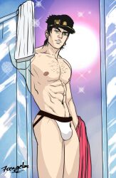 1boy 7angelm alternate_version_available artist_signature black_hair bulge chest_hair holding_object jojo's_bizarre_adventure jotaro_kujo male male_nipples male_only pubic_hair shirtless shirtless_(male) solo solo_male stardust_crusaders towel