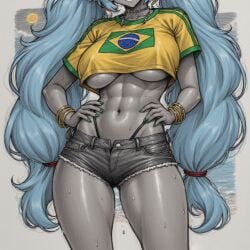1girls absurdres ai_generated alternate_breast_size_(larger) aqua_eyes aqua_hair areolae arm_up ass bead_choker beads big_areola big_ass big_breasts big_butt big_muscles big_nipples big_thighs bikini bikini_under_clothes blush bracelet brazilian brazilian_flag brazilian_flag_print brazilian_miku breasts cleavage cropped_shirt dark-skinned_female dark_skin denim denim_shorts earrings fat_ass female flag_print flower gold_earrings hair_flower hair_ornament hand_on_own_hip hatsune_miku highres huge_areolae huge_ass huge_breasts huge_butt huge_thighs jewelry large_areolae large_ass large_breasts large_butt large_thighs long_hair multiple_bracelets muscles muscular nipples off_shoulder open_mouth outdoors rectangular_earrings reyarths see-through_clothes shading_eyes short_shorts shorts sketch srimbievil58 swimsuit tan thick_thighs thighs vocaloid water wide_hips