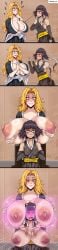 1girls assimilation big_breasts black_hair blaxter bleach blonde_hair breast_expansion breasts breasts_bigger_than_head breasts_on_head brown_hair caption caption_box clothed dazed duo empty_eyes english_text female female_only femdom femsub gigantic_breasts glowing head_in_breasts huge_breasts hypnosis hypnotic_breasts hypnotic_touch large_breasts light-skinned_female long_hair matsumoto_rangiku multiple_females multiple_girls nipples sequence small_breasts soi_fon topless yuri