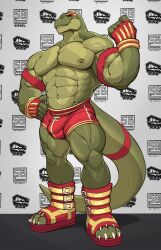 alpha_male anthro big_bulge big_pecs bottomwear bulge clothing cocky dinosaur fingerless_gloves flexing footwear gay gloves green_body gym_bottomwear gym_clothing gym_shorts handwear hi_res looking_at_viewer male male_only mask muscular muscular_male pecs reptile scalie shoes shorts solo sweatysabel theropod thick_thighs toeless_footwear toeless_shoes tyrannosaurid tyrannosaurus tyrannosaurus_rex