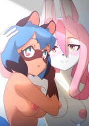 2021 2girls anthro areola black_hair blue_hair brand_new_animal breasts brown_body brown_fur canid canine duo female female/female female_only fox fur hi_res kemono looking_at_viewer mammal michiru_kagemori multicolored_body multicolored_fur multicolored_hair multiple_girls nazuna_hiwatashi nipples nude pink_body pink_fur pink_hair raccoon_dog studio_trigger tan_body tan_fur tanquito tanuki white_body white_fur