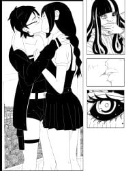 3girls accurate_art_style accurate_body_type accurate_proportions ada_(boruto) black_and_white blush blushing boruto:_two_blue_vortex clothed clothed_female female female_only kakei_sumire kissing messy_hair naruto naruto_(series) observing optimystic sarada_uchiha teenage_female teenager teenager_on_teenager twintails young yuri