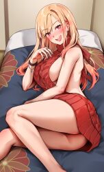 1girls 2022 absurd_res anime_style blonde_hair blush_lines blushing blushing_at_viewer bracelet bracelets breasts ear_piercing ear_piercings earrings female female_only foxy_rain_(foxyreine) foxyrain_(foxyreine) foxyreine gyaru hips huge_breasts kitagawa_marin long_hair lying_on_bed multiple_earrings multiple_piercings pink_highlights red_eyes ring rings slim_waist sono_bisque_doll_wa_koi_wo_suru textless thick_thighs thighs virgin_killer_sweater wide_hips