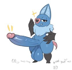 2025 3_toes absurd_res anthro balls big_balls big_penis black_body black_eyes black_fur black_nose blue_balls blue_body blue_fur blue_penis crossdressing emanata erection feet femboy front_view fur gay gay_male generation_5_pokemon genitals glans hand_on_hip heart_nose heart_symbol hi_res huge_balls huge_cock humanoid_genitalia humanoid_penis hyper hyper_genitalia hyper_penis looking_at_viewer male mane miso_souperstar nintendo penis pink_glans pink_nose pokemon pokemon_(species) pupils raised_hand short_stack simple_background small_but_hung solo sparkles swoobat toes white_background white_pupils
