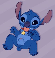 2022 4_fingers 4_toes alien animal_genitalia balls blep blue_balls blue_body blue_claws blue_eyes blue_fur blue_nose blue_pawpads chest_tuft claws collar collar_only disney experiment_(lilo_and_stitch) feet fingers fur genitals head_tuft hi_res knee_tuft leg_tuft lilo_and_stitch male male_only notched_ear nude pattern_background pawpads penis penis_tip purple_background sheath simple_background small_tail solo spacegaylien stitch stitch_(lilo_and_stitch) striped_background toes tongue tongue_out tuft watermark