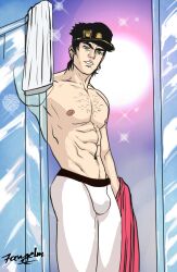 1boy 7angelm bulge erection_under_clothes holding_towel jojo's_bizarre_adventure jotaro_kujo male male_nipples male_only pants pecs shirtless shirtless_male solo solo_male stardust_crusaders towel