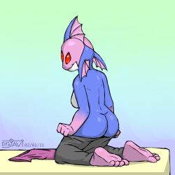 1girls 2021 3_eyes alien alien_girl ass bed blue_body dated drjavi feet female fin_hair fins hylotl kneeling looking_at_viewer looking_back multicolored_body pants pink_body pseudo_hair red_eyes scalie shirt simple_background starbound stripping tagme taking_clothes_off
