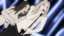 2girls alexandra_maquet blonde_hair brown_hair ellie_blanche_delvaux enf eurovision eurovision_2017 female female_only human multiple_girls musician pubes pussy real_person singing yuri