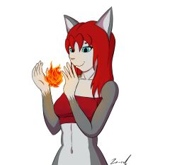 2020 accident accidental_exposure animated anthro bandeau blue_eyes breasts burning_clothes clothing domestic_cat felid feline felis female fire hair magic mammal nipples pink_nipples red_hair simple_background solo sparks topwear white_background za-owl