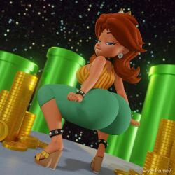 3d animated anklewear big_ass big_breasts bimbo blender blue_eyes bouncing_ass brown_hair clothed coins crown dance footwear heels high_heels human jiggle leggings lip_biting loop mario_(series) music neckwear nintendo open_toe_shoes princess_daisy shoes shorter_than_30_seconds smirk smirking smirking_at_viewer sound spiked_collar squatting striped_clothing super_mario_bros. synced_to_music tan_skin thick_ass thick_thighs twerking video wolf_cut wristwear wyerframez