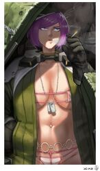 1girls absurdres artist_request big_breasts bikini bloody_panther_(last_origin) blue_eyes boobs breasts busty cigarette coat commentary curvaceous curvy curvy_body curvy_female dog_tags eyepatch_bikini female female_focus gloves hand_in_pocket hat highres huge_breasts korean_commentary large_breasts last_origin looking_up navel_piercing piercing purple_hair shadow smoking solo sukai swimsuit voluptuous