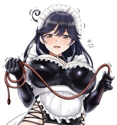 ahoge alternate_costume apron artist_name black_dress black_gloves black_hair blush breasts brown_eyes dated dress enmaided female gloves hair_between_eyes holding holding_whip kantai_collection large_breasts long_hair maid maid_apron maid_headdress open_mouth signature simple_background solo tk8d32 upper_body ushio_(kantai_collection) waist_apron whip white_apron white_background