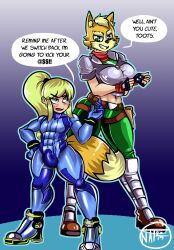 2015 absurd_res blonde_hair blush breasts bulge canid canine duo female fox fox_mccloud furry green_eyes hair head_swap hi_res looking_up male mammal metroid nintendo onat penis_under_clothes ponytail samus_aran simple_background size_difference smile standing star_fox video_games zero_suit