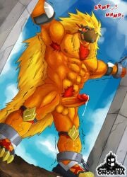 1boy abs anthro apollomon armpit_hair balls bandai_namco blonde_hair bodily_fluids body_hair bondage bound chains death_generals digimon digimon_(species) erection fur genital_fluids genitals hair hi_res male male_only muscular muscular_anthro muscular_male muzzle_(disambiguation) muzzle_(object) muzzled nipples nude olympos_xii onodera orange_body orange_fur pecs penis precum solo