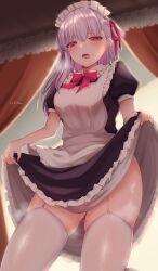 1girls clothes_lift fate_(series) garter_straps ichi_kq kama_(fate) lifted_by_self long_hair maid ribbon solo wet white_legwear