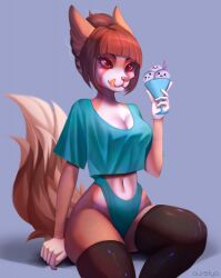 2020 aero_(tyroo) animal_humanoid artist_name aurelya blue_shirt breasts canine canine_humanoid cleavage commission eyebrows eyelashes female female_only fennec fennec_humanoid fox fox_humanoid furry furry_female furry_only hair hair_bun ice_cream licking_lips multicolored_body multicolored_fur navel orange_tongue pink_nose red_eyes red_hair shirt sitting solo solo_female tagme tail tan_body tan_fur thighhighs white_body white_fur white_sclera white_tipped_tail