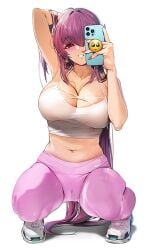 armpits arms_behind_back arms_up bangs bare_arms bare_shoulders big_breasts blush breasts cameltoe cellphone cleavage crop_top damda eyebrows_visible_through_hair fate/grand_order fate_(series) female full_body horny horny_female huge_breasts large_breasts long_fingernails long_hair midriff mirror_selfie nail_polish navel nike pants parted_lips phone pink_nails pink_pants purple_eyes purple_hair round_breasts scathach_(fate) seductive seductive_eyes seductive_look seductive_mouth seductive_smile selfie shirt shoes sleeveless sleeveless_shirt smartphone smile sneakers solo sports_bra sportswear squatting stomach symbol-only_commentary thick_thighs white_background white_footwear white_shirt yoga_pants