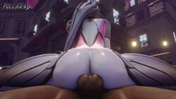 3d animated ass back big_ass blue_skin bodysuit bouncing_ass bubble_butt buttplug cowgirl_position dark-skinned_male from_behind interracial long_hair no_sound outside overwatch pollarmatt sex spread_legs testicles video widowmaker