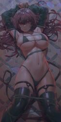 1girls 2022 angry armpits arms_above_head arms_up bikini black_bikini bondage bound breasts fate/grand_order fate_(series) female female_only hi_res hips huge_breasts leash long_hair looking_at_viewer lying_on_back micro_bikini purple_hair red_eyes restrained scathach_(fate) slim_waist thick_thighs thighs wide_hips yohan1754