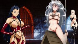 16:9_aspect_ratio 3girls bikini_warriors bondage breasts cage celia_cumani_aintree cleric_(bikini_warriors) clothing completely_nude crossover dominatrix dungeon elbow_gloves garter_straps gloves harness high_resolution ikkitousen kakouen_myousai lingerie multiple_girls nude prison prisoner stockings walkure_romanze window wooden_horse