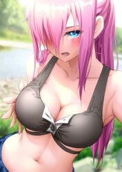 1girls 2022 belly blue_eyes blush breasts cleavage doga_kobo hair_over_one_eye hand_on_breast kawaii_dake_ja_nai_shikimori-san long_hair magazine_pocket midriff navel open_mouth pink_hair royboy shikimori_micchon solo_female swimsuit