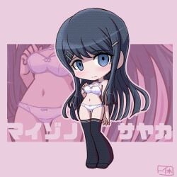 1girls bangs big_head blue_eyes blue_hair blush bra chibi danganronpa danganronpa:_trigger_happy_havoc danganronpa_1 dark_hair embarrassed embarrassed_female female female_only front_view full_body hair hair_accessory hair_clips hair_ornament hairclip hairclips ikkyuu light_skin long_hair looking_at_viewer maizono_sayaka outline panties pantyhose pink_background slight_blush socks solo standing straight_hair thigh_socks thighhighs underwear white_bra white_panties zoom_layer