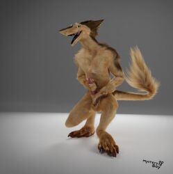 3d_(artwork) anthro blender_(software) brown_body brown_fur digital_media_(artwork) felix_(mysteryboy18) fluffy fur genitals hair hi_res holding_penis looking_at_viewer male mysteryboy18 nude open_mouth penis sergal smile solo tongue tongue_out