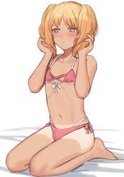 1boy bikini blonde_hair crossdressing femboy kneeling male_only nail_polish painted_nails solo sunaba_(nczd5875) tanline tanlines touching_hair trap