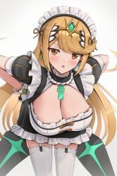 1girls 2022 alternate_breast_size bangs blonde_hair blush blushing breasts cleavage female female_only garter_straps gold_eyes gonzarez hair_ornament hand_on_hip hi_res hips huge_breasts leaning_forward long_hair maid maid_headdress maid_outfit maid_uniform mythra nintendo slim_waist swept_bangs thighhighs thighs tiara wide_hips xenoblade_(series) xenoblade_chronicles_2