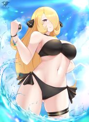 1girls 2022 alternate_breast_size artist_logo artist_signature beach bikini black_bikini blonde_hair breasts cynthia_(pokemon) female female_only hair_over_one_eye hi_res hips holding_object huge_breasts kaos_art long_hair nintendo outdoors pokeball pokemon pokemon_dppt slim_waist smile thick_thighs thighs ultra_ball water wet wide_hips