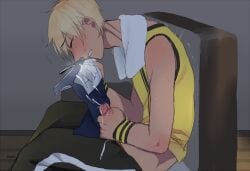 1boy aso_rito backwards_penis blonde_hair cum cum_on_clothes ejaculation erection koumi-senpai male male_only masturbation orgasm penis rule_63 sniffing_clothes sweat sweaty tagme tan_skinned_male towel towel_around_neck trembling yandere_simulator