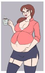 1girls athorment big_breasts brown_eyes brown_hair cleavage female female_focus female_only glasses lipstick long_hair looking_at_viewer mole mug pregnant pregnant_belly pregnant_female presenting sarah_(darkcepm42) shirt skirt smile solo solo_female solo_focus teacher thighhighs