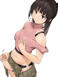 1futa aqua_nails bangs big_penis black_hair black_panties breasts brown_eyes brown_skirt buruma censored closed_mouth clothed clothes_lift clothing erection female fingernails futa_only futanari futanari_masturbation grabbing_breasts high-angle_view highres horny human light-skinned_futanari light_skin long_hair masturbation medium_breasts midriff mosaic_censoring nail_polish navel original panties partially_clothed penis penis_outside pink_shirt ponytail self_fondle shiratama_(monster1553) shirt simple_background skirt skirt_lift solo sports_bra standing underwear white_background