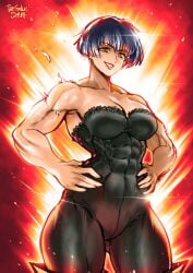 1girls abs black_hair female female_only first_porn_of_character gawain_(mokushiroku_no_yonkishi) gawain_(nanatsu_no_taizai) hands_on_hips hi_res looking_at_viewer mokushiroku_no_yonkishi muscles muscular muscular_female muscular_thighs nanatsu_no_taizai red_lipstick seven_deadly_sins short_hair smiling smiling_at_viewer solo strapless teeth_showing thegoldensmurf yellow_eyes