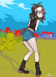 big_ass big_butt blue_eyes brown_hair embarrassed fart fart_cloud fart_fetish farting farting_at_viewer gassy hilda_(pokemon) jean_shorts jeans pokemon pokemon_bw pokemon_center usagaijin yellow_gas yoshizilla