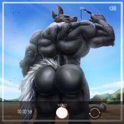 artist_request ass back_view beach behind_view big_ass big_butt bubble_ass bubble_butt dat_ass fur furry furry_only green_eyes grey_body holding_glasses looking_at_viewer looking_back male male_only muscles muscular muscular_male recording round_ass round_butt white_fur