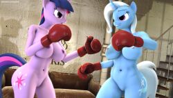 2girls 3d 3d_(artwork) anthro anthro_only anthrofied blue_body blue_hair blue_skin blue_tail boxing boxing_gloves boxing_gloves_only breasts clothing cutie_mark darkflash23 digital_media_(artwork) duo equid equine eyelashes female female_only friendship_is_magic genitals gloves grin hair handwear hasbro hi_res horn lips mammal my_little_pony navel nude purple_body purple_eyes purple_hair purple_skin purple_tail pussy red_boxing_gloves red_gloves smile source_filmmaker trixie_(mlp) twilight_sparkle_(mlp) unicorn