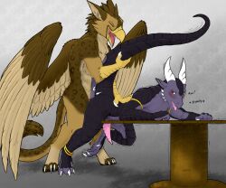 2020 alternate_version_at_source anal anal_sex anthro avian dragon duo from_behind_position furniture gryphon interspecies kavik male male/male mythological_avian mythology nero_eternity_(artist) on_table penetration raevocrei sex table