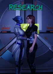 2girls 3d asari bioware blue_eyes blue_skin clothed commander_shepard female female_only femshep freckles fully_clothed green_eyes liara_t'soni looking_at_partner mass_effect pale pale-skinned_female pale_skin potatofire777 red_hair