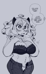 big_breasts bra breasts cleavage demon demon_girl helltaker horny horny_female ink01 inkbloto leaddrill modeus_(helltaker) monochrome panties pants pants_open sketch straight_hair undressing