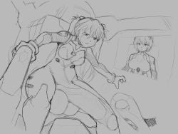 2futas asuka_langley_sohryu autopaizuri autopaizuri_under_clothes balls bodysuit breasts casual_autopaizuri clothed clothing erection erection_under_clothes futa_only futanari greyscale huge_balls huge_cock human monochrome mostly_clothed neon_genesis_evangelion penis plugsuit rei_ayanami sketch solo_focus starykrow thick_thighs wide_hips