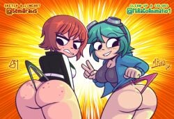 2girls ass ass_freckles back_view bent_over big_ass big_breasts big_butt biting_lip black_eyes blush breasts cleavage green_hair green_panties kim_pine looking_back mirako multiple_girls no_pants panties pink_panties ramona_flowers red_hair scott_pilgrim semidraws standing thong wedgie